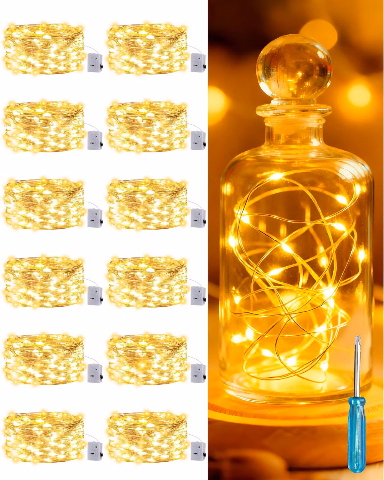 Mini catena luminosa, confezione da 12, lunghezza 2 metri, 20 LED, luce bianco caldo, alimentazione a batteria