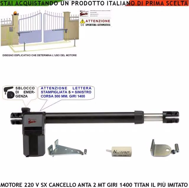 Motore per cancello ad anta sinistra Securvera Titan 230 V con corsa stelo 300 mm, sblocco di emergenza a chiave e corpo in alluminio pressofuso, colore argento e nero
