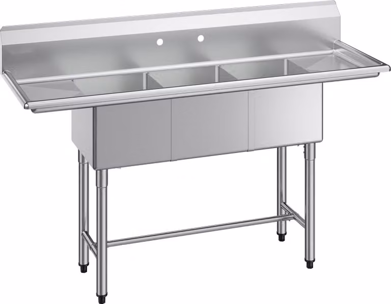 Lavello per la ristorazione - Lavello in acciaio inox con 3 vasche - Con 2 sgocciolatoi - Con paraspruzzi - Dimensioni 167,8 x 55,8 x 109,7 cm - Per ristoranti e furgoncini ambulanti - Argento