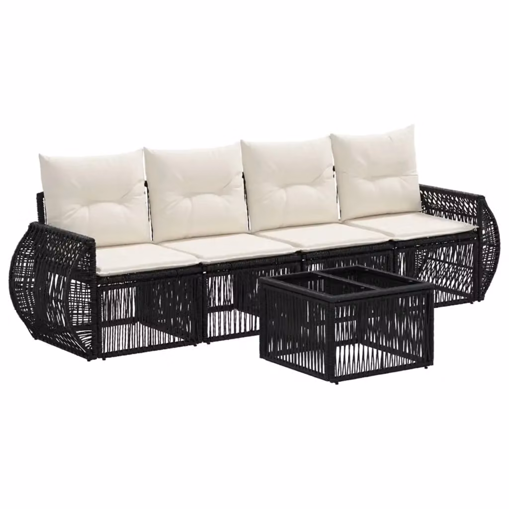 Set Divano da Giardino 5 Pezzi vidaXL in Polyrattan con Tavolino e Cuscini, Nero e Bianco Crema – 2