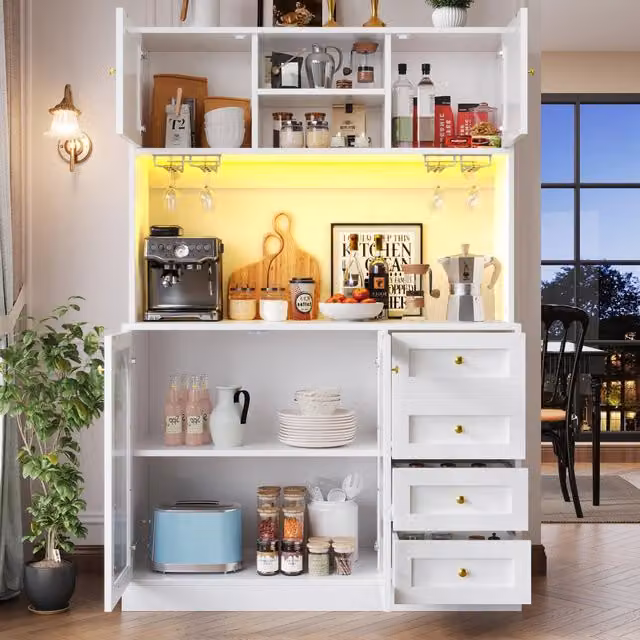 Credenza alta da cucina con LED e 4 ante con vetro scanalato per sala da pranzo in MDF bianco 120 × 40 × 188 cm