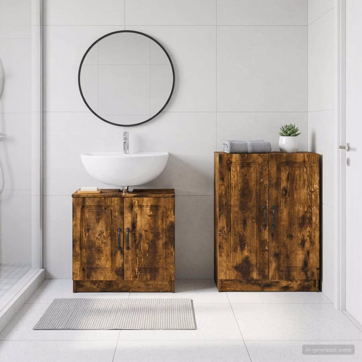 Set di 2 mobili da bagno moderni vidaXL UTRECHT in legno Rovere Fumo marrone con base e mobile laterale