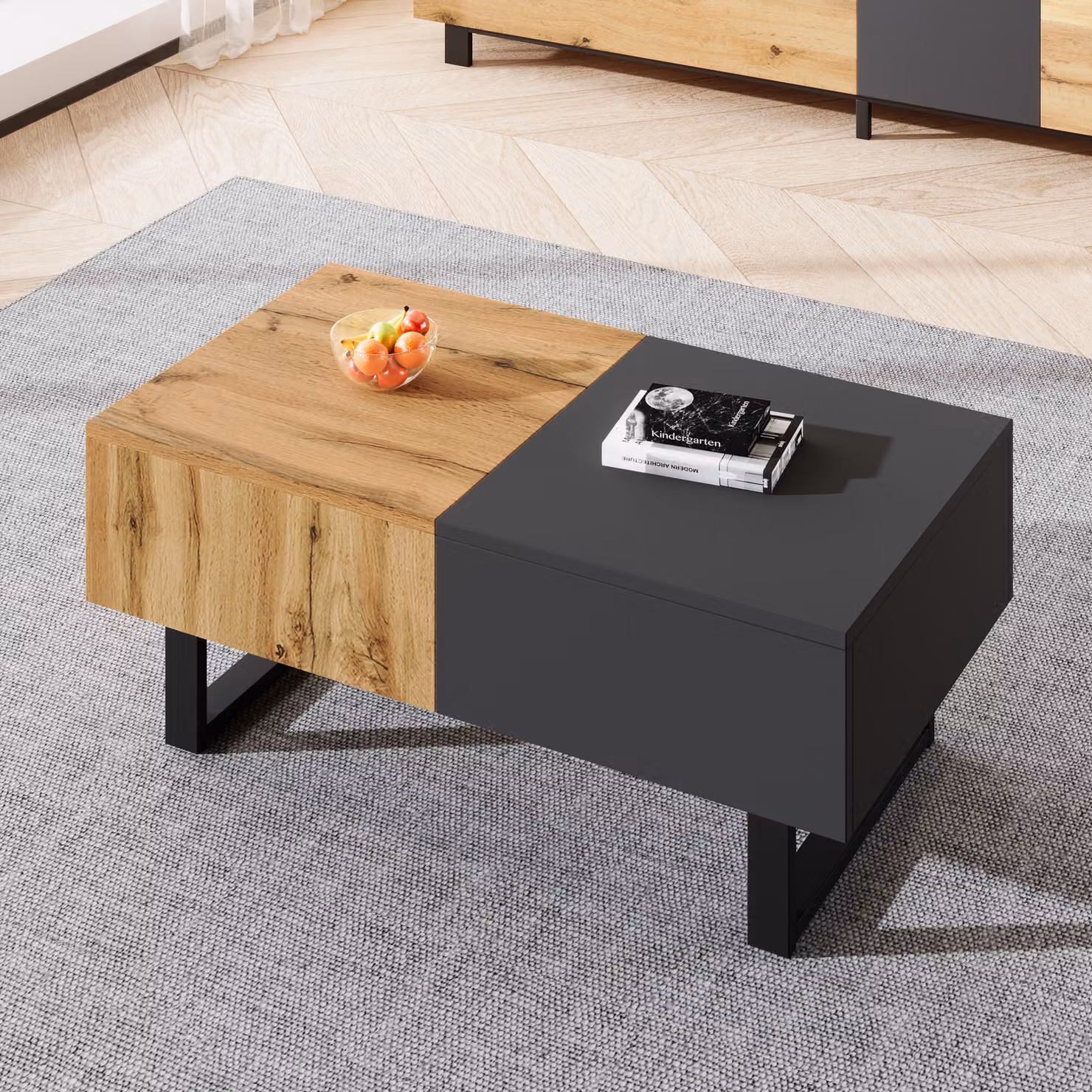 Tavolino da caffè STILVORA con vano portaoggetti nascosto, 155x55x40 cm, struttura in legno e metallo di alta qualità, colore naturale + nero