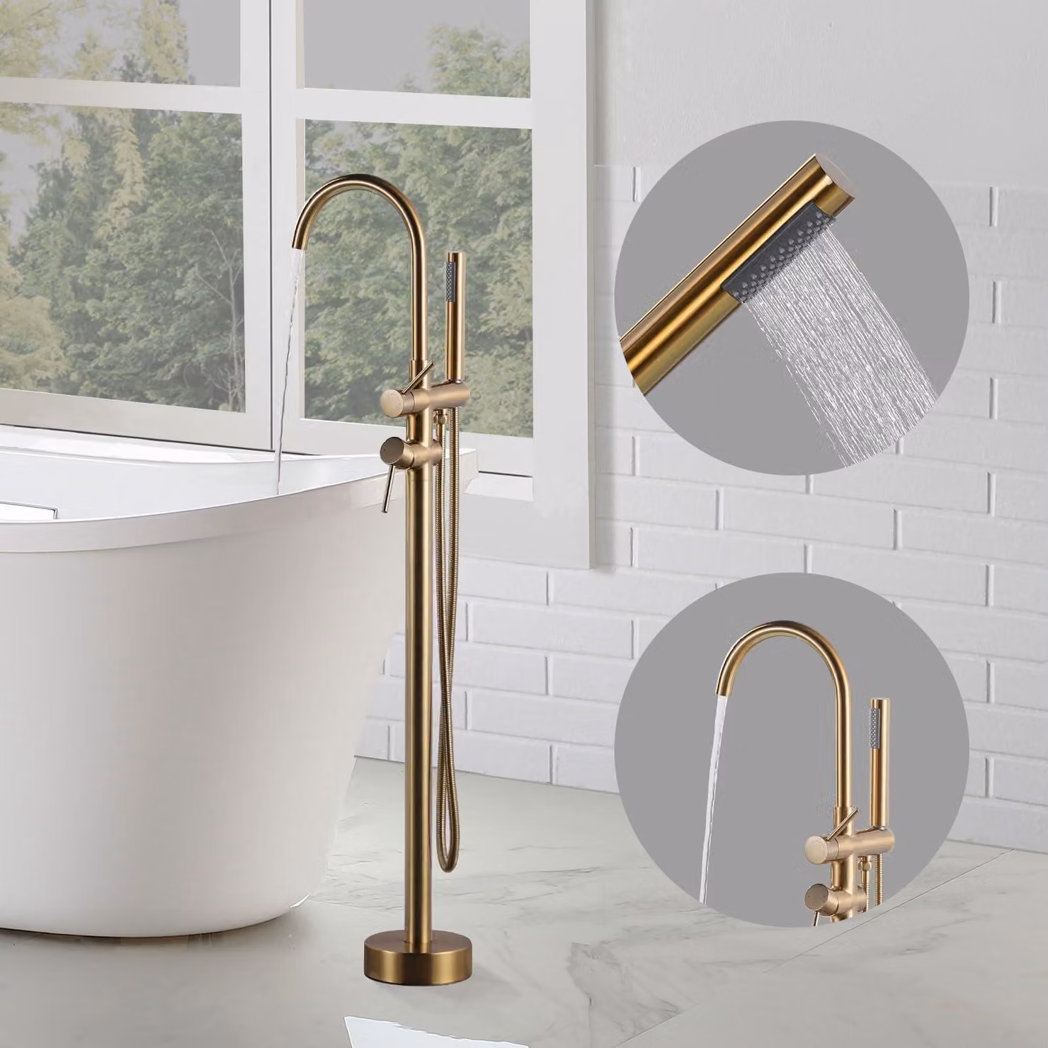 Miscelatore da bagno a pavimento, girevole a 360°, color oro, con doccetta