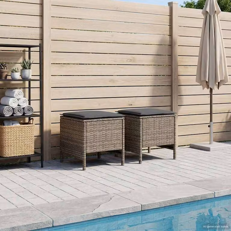Set di 2 poggiapiedi da giardino vidaXL in rattan sintetico con cuscini rimovibili, colore grigio e antracite