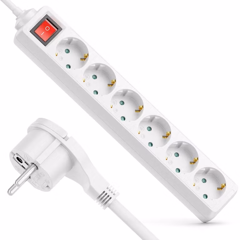 deleyCON Ciabatta multipresa a 6 prese, con spina piatta, interruttore, 3,0 metri - Bianco