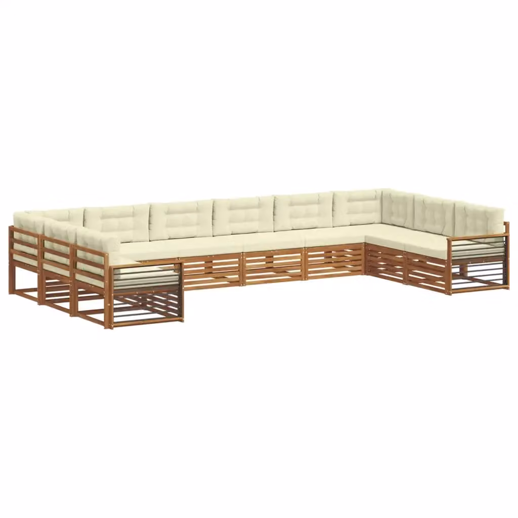 Set di divani da giardino vidaXL in legno di acacia massello con cuscini, colore beige e bianco, design moderno a forma di L – 2