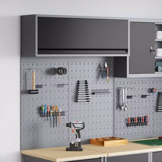 Set di 3 armadi per attrezzi vidaXL in acciaio nero e grigio con scaffale montabile a parete