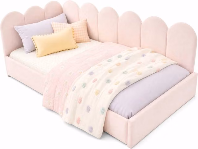 Letto singolo 90x190 in velluto rosa con contenitore integrato， senza materasso