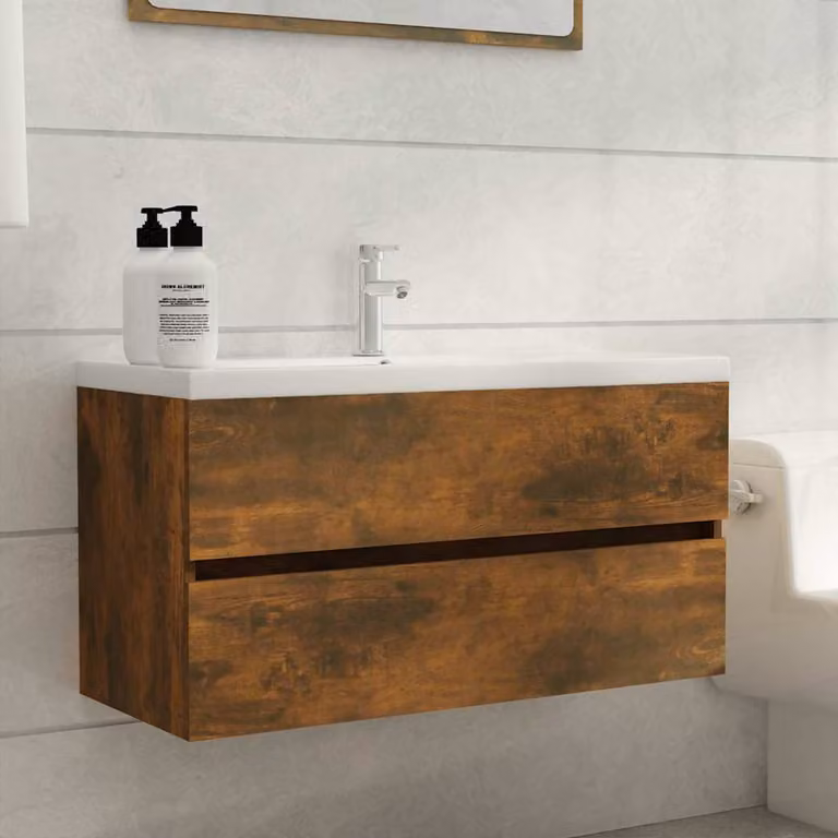 Mobile Sottolavabo vidaXL in Legno Multistrato Rovere Fumo Marrone L: 90 cm, P: 38,5 cm, H: 45 cm