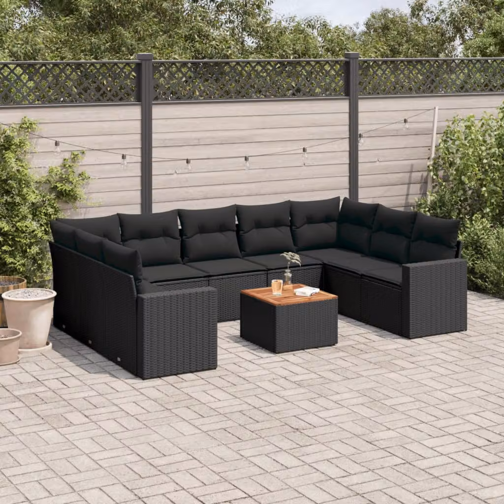 vidaXL Set Divani da Giardino a Forma di U in Polyrattan Nero con Cuscini e Tavolino – 1
