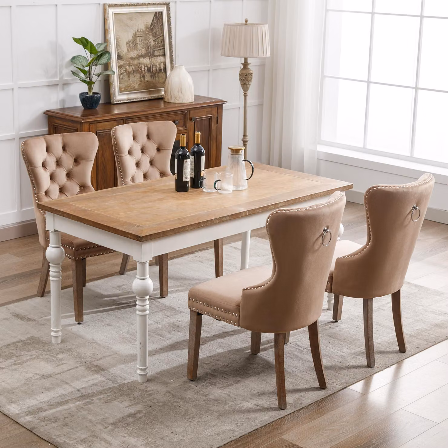 Sedia da pranzo Fortuna Lai (sedia da cucina/soggiorno con esclusivo battente sul retro, 4 pezzi), sedia imbottita con rivestimento in chiodini, gambe in legno massello, rivestimento in velluto, marrone