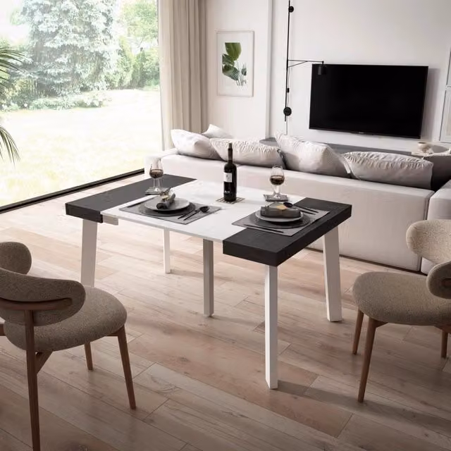 Consolle allungabile, 140x90x73cm, Per 6 persone, Gambe in legno, Bianco e nero RF3123