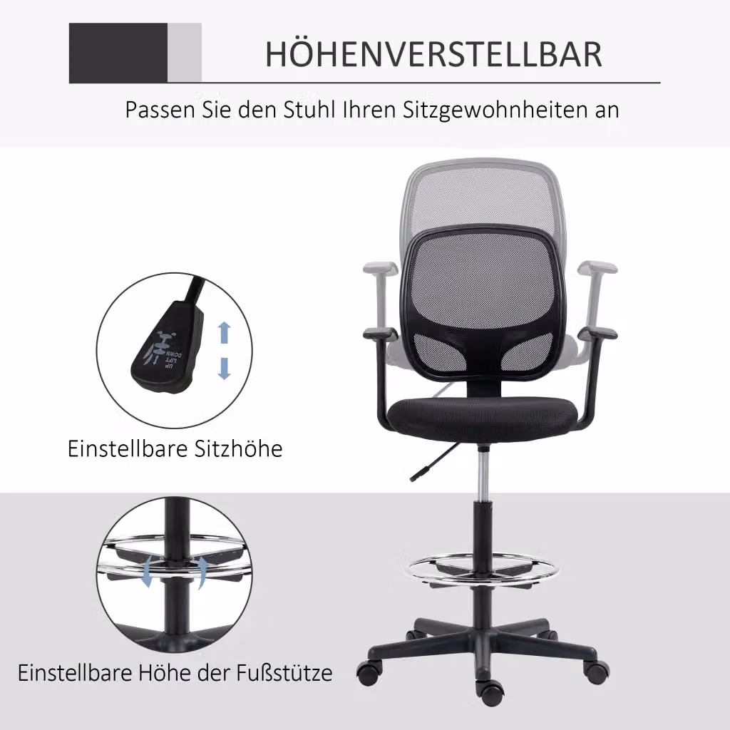 Sedia da ufficio ergonomica OKWISH nera con schienale in mesh, poggiapiedi e ruote, girevole a 360 gradi, H: 132 cm, L: 60 cm, P: 56 cm – 2