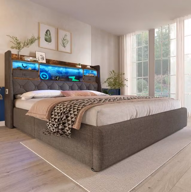 Letto matrimoniale 140x200 cm; contenitore idraulico con testiera LED; lino grigio (Senza materasso)