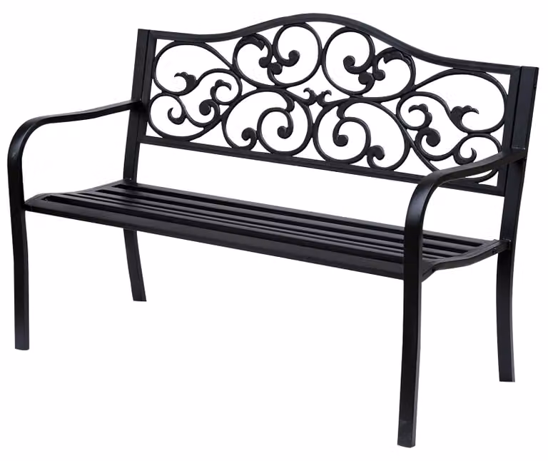 Panca da giardino - Panca in metallo per 3 persone - Con braccioli - Decorazione a forma di gigli - Design antico - Colore nero