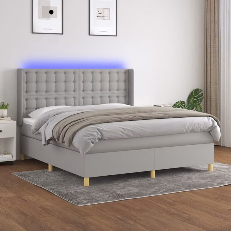 The Living Store Letto a molle con materasso e LED in tessuto grigio chiaro 160x200 cm
