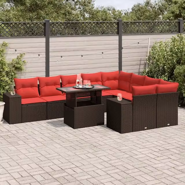 Set Divani da Giardino 10 pz con Cuscini Marrone in Polyrattan 3269394