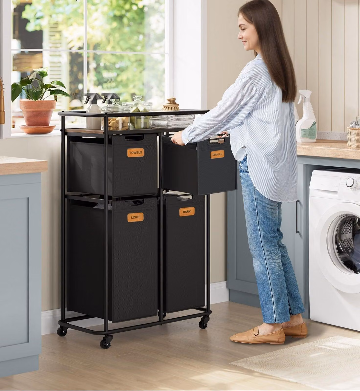 Carrello per la biancheria con ruote – 4 scomparti removibili – 72,4 x 33 x 109,1 cm