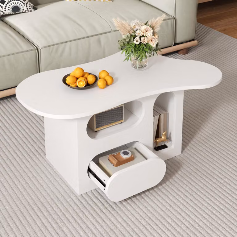 Tavolino STILVORA con cassetti e vani a giorno, tavolino con piano a forma di nuvola, tavolino da divano in PB, bianco