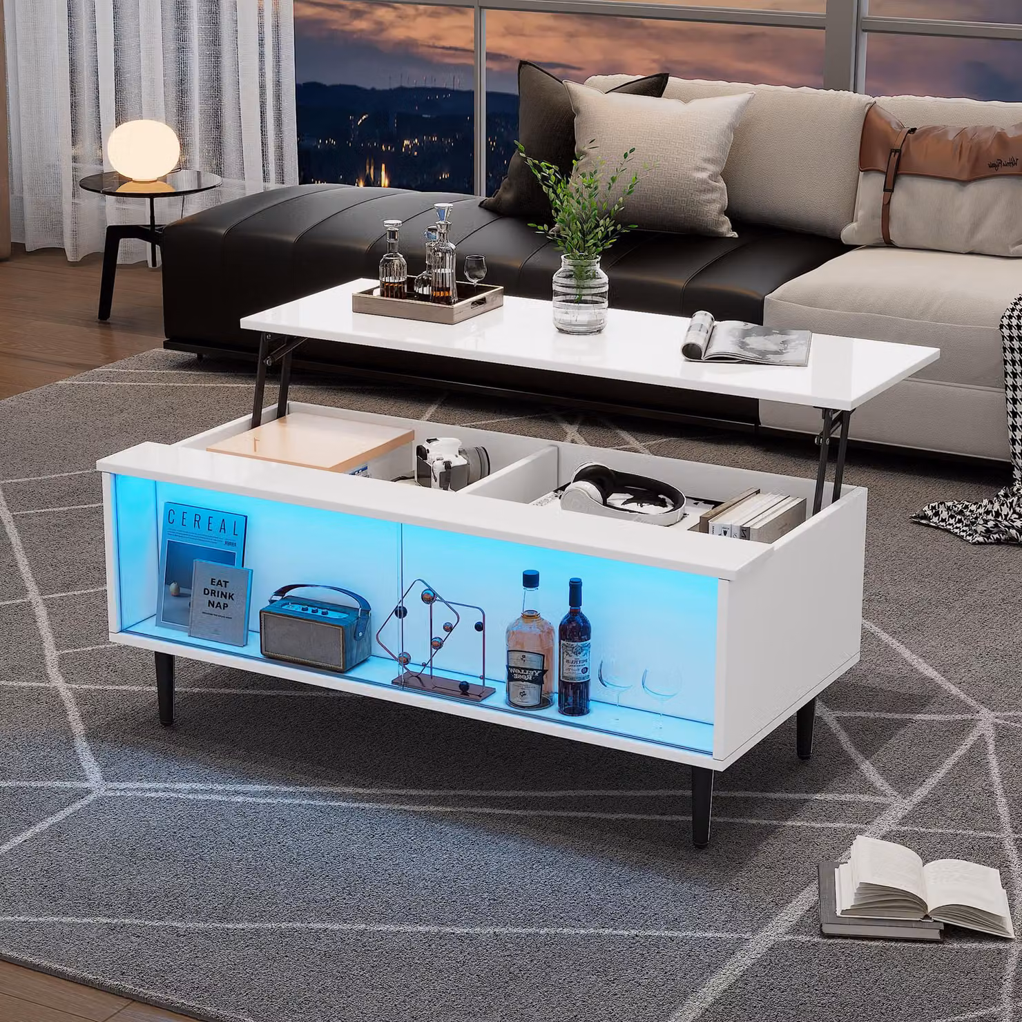 Tavolino da caffè bianco, con altezza regolabile, dotato di illuminazione LED, spazio contenitivo e piano in vetro
