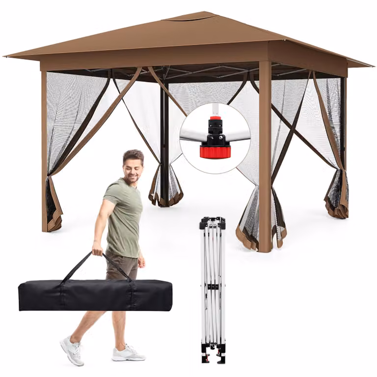 COSTWAY Gazebo 3,5x3,5 m, gazebo pieghevole impermeabile e robusto, gazebo da giardino pop-up, tenda per feste regolabile in altezza con zanzariera, doppio tetto e protezione solare