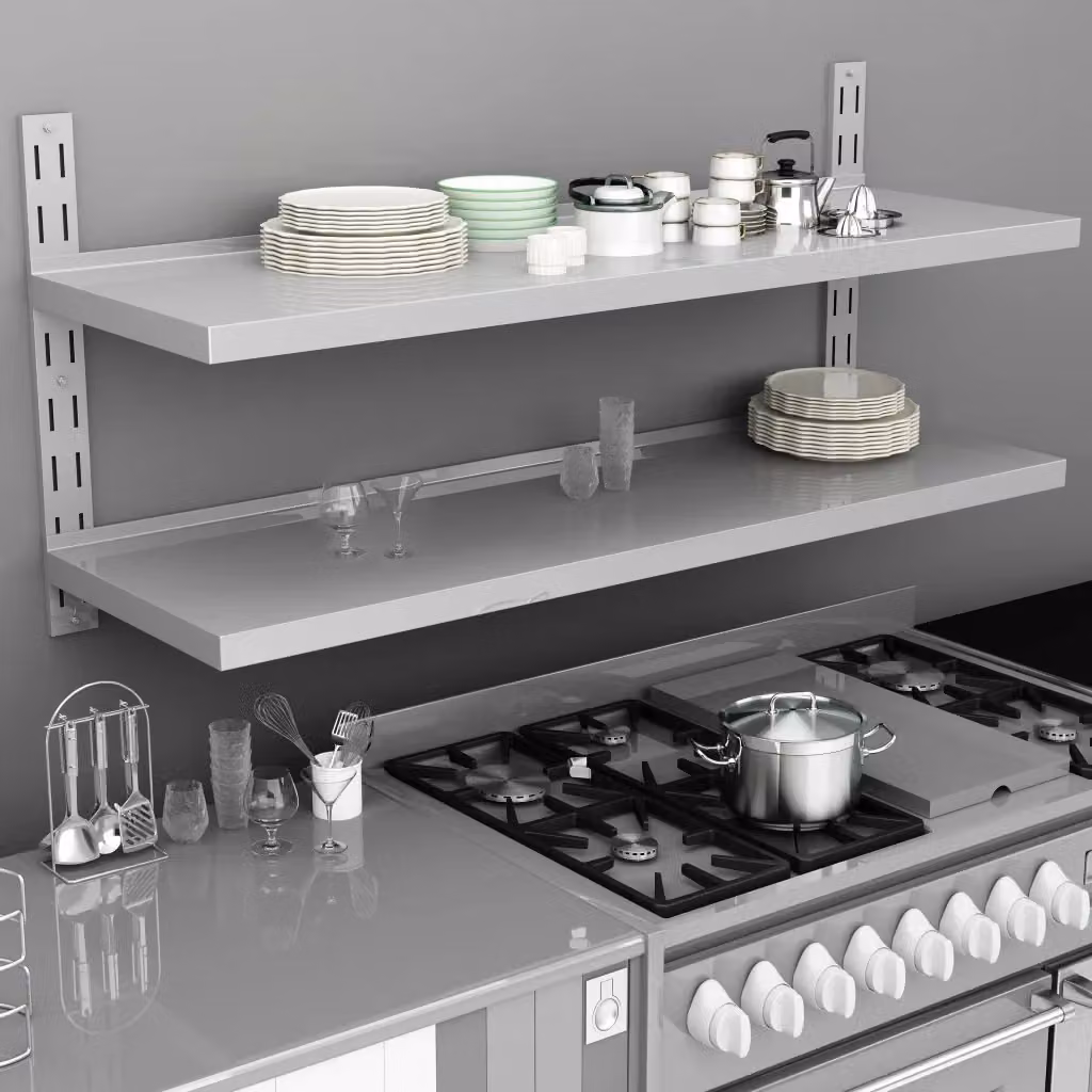 Scaffale a sospensione a 2 livelli DESIGN IN in acciaio inox argento con ripiani regolabili L: 150 cm – 2