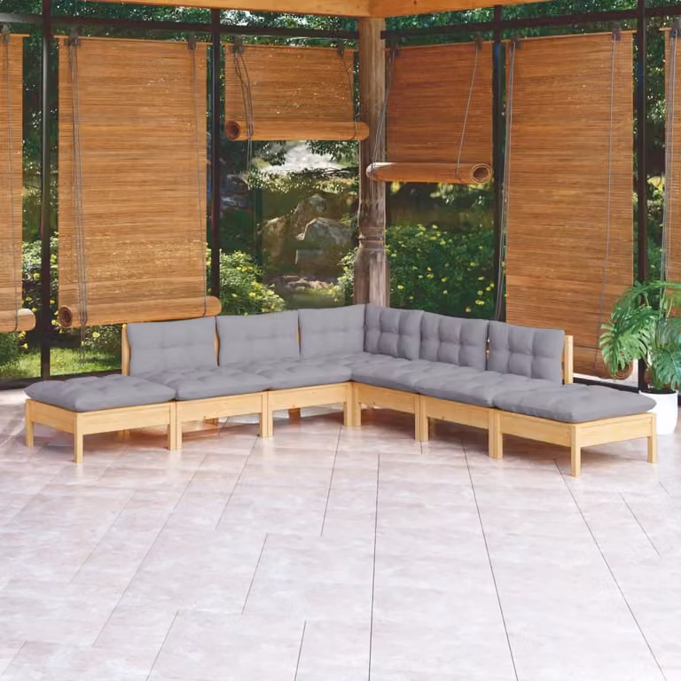 The Living Store Set da salotto da giardino 7 pezzi con cuscini grigi in legno di pino