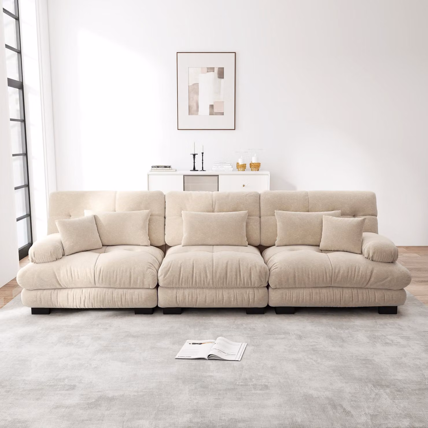 Divano angolare modulare Sweiko a 3 posti con seduta profonda, divano letto in ciniglia Comodo imbottito per soggiorno, appartamento, studio, ufficio, ciniglia marrone chiaro