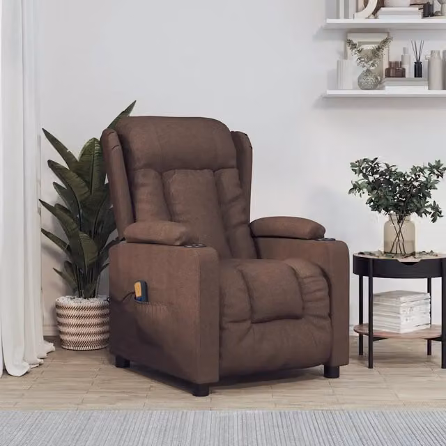 Poltrona Relax Recliner vidaXL in Tessuto Marrone con Braccioli e Struttura in Metallo e Legno L: 72,5 cm, P: 96 cm, H: 99,5 cm