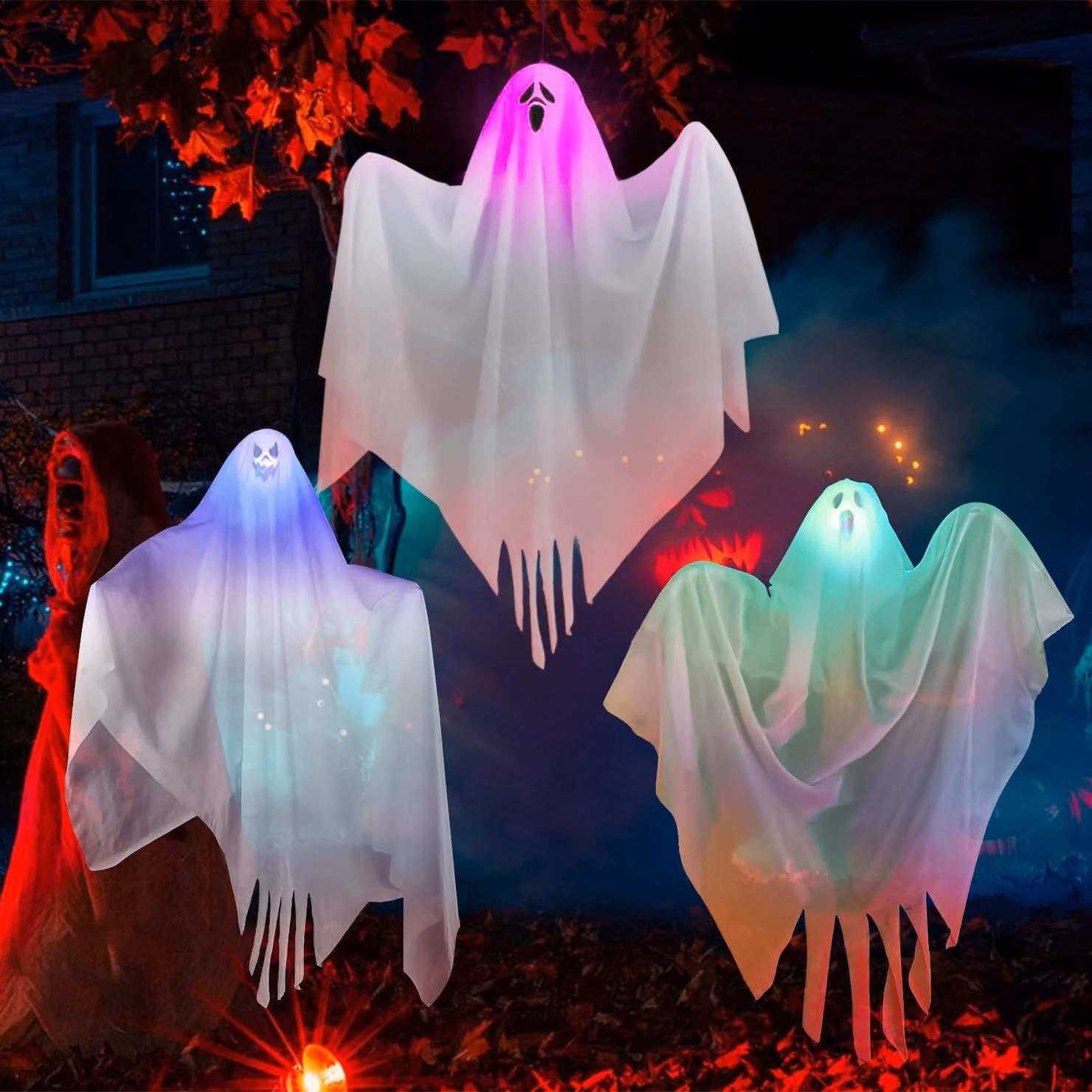 Set di 3 catene luminose a LED a forma di fantasmi, decorazioni per Halloween, da appendere, colorate