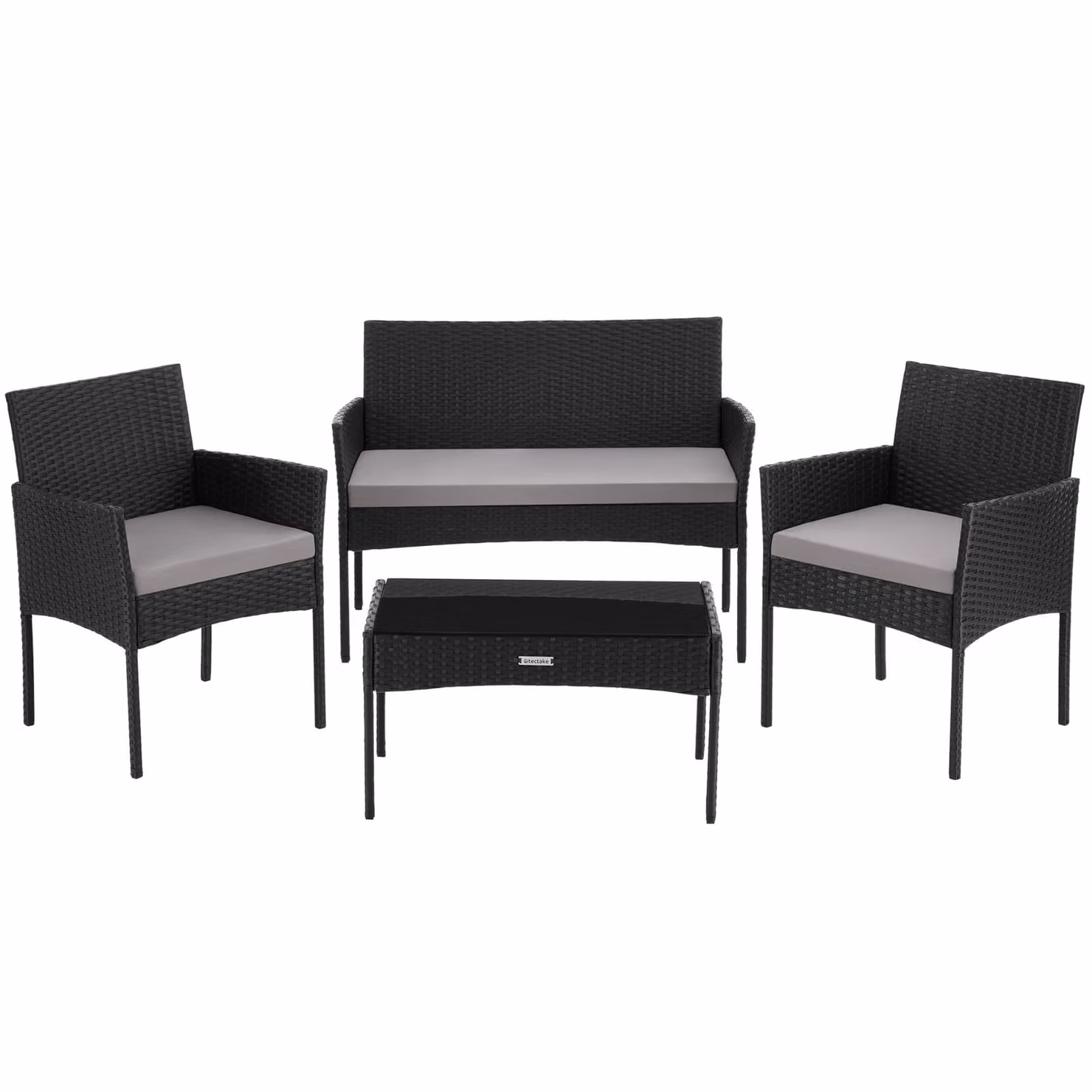 Set da giardino moderno Tectake in rattan nero con divano a 2 posti, poltrone lounge, tavolino da caffè e cuscini inclusi