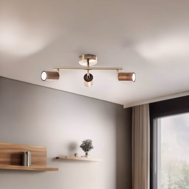 Faretto da soffitto Legno, lineare, a 3 luci, marrone / ottone, legno Legno Lucea, dimmerabile, Ottone / Oro, Soggiorno / Sala da pranzo, Metallo, Faretto