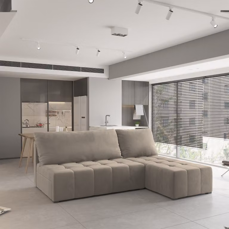 Divano angolare DOMIRA di Masseno con funzione letto a L, divano con box letto, divano da soggiorno, divano, divano letto, set di divani - beige, PAROS 02