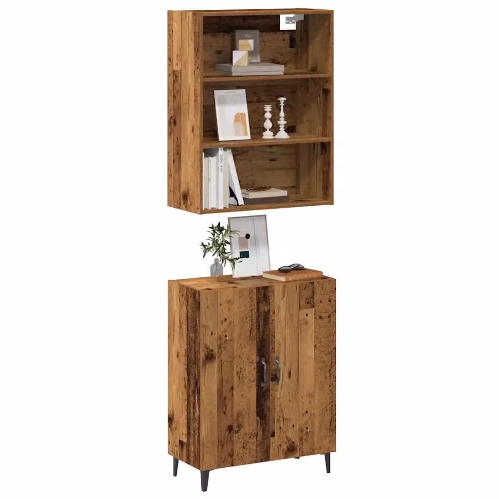 Credenza Buffet con Pensile in Legno Antico Marrone Stile Rustico L: 180 cm, P: 34 cm, H: 69,5 cm – 2