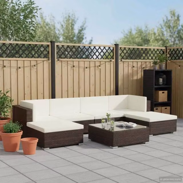 Set Divani da Giardino 7 pz con Cuscini in Polyrattan Marrone 44597