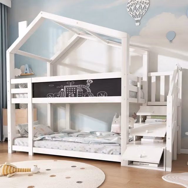 Letto a castello Mivray per bambini in legno bianco con scala contenitore e lavagna frontale L/P/H: 200 x 90 x 256 cm