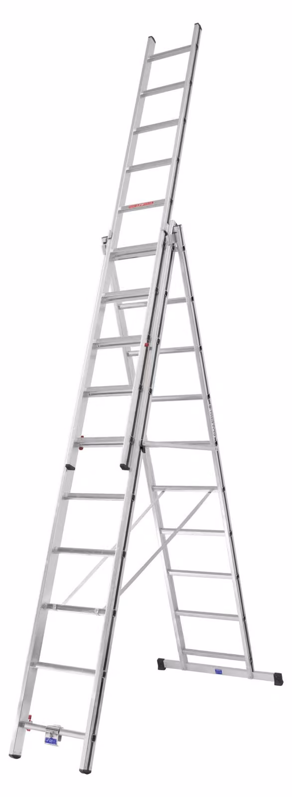 Scala multiuso Hymer Alu Pro, a tre sezioni, 3x10 pioli, lunghezza 2,85 / 6,50 m, altezza di sbraccio 5,33 / 7,31 m, peso 16,9 kg
