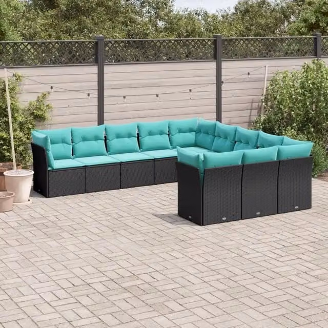 Set di divani da giardino a forma di U vidaXL composto da 11 pezzi con cuscini in polyrattan nero e blu con coperture rimovibili e resistenza ai raggi UV