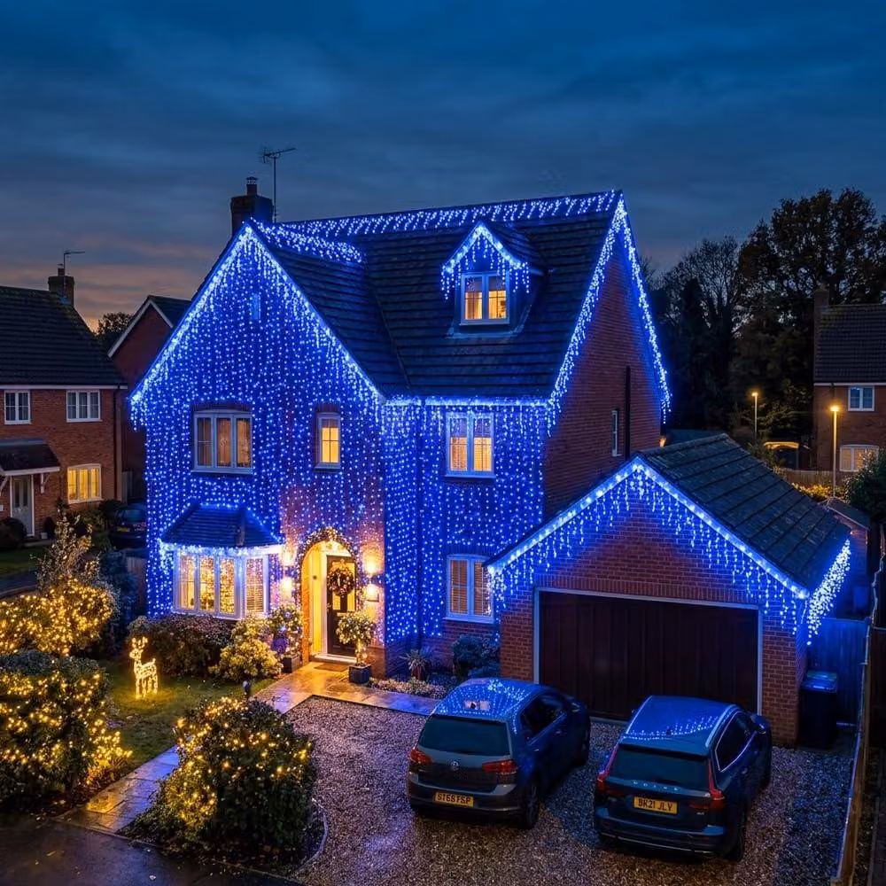 Catena luminosa a forma di fiocchi di neve, 120 LED, 4 metri, blu, impermeabile, a bassa tensione