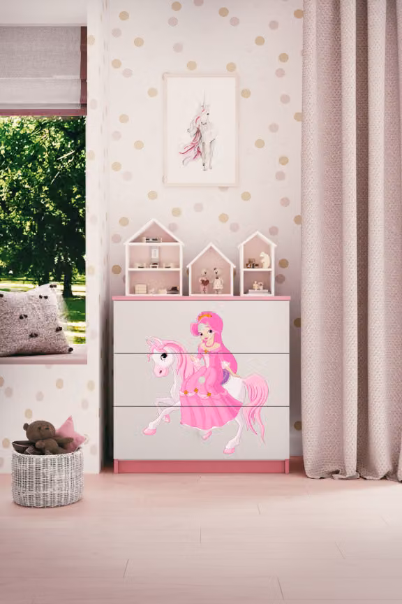 Cassettiera per bambini principessa a cavallo nel colore rosa Babydreams