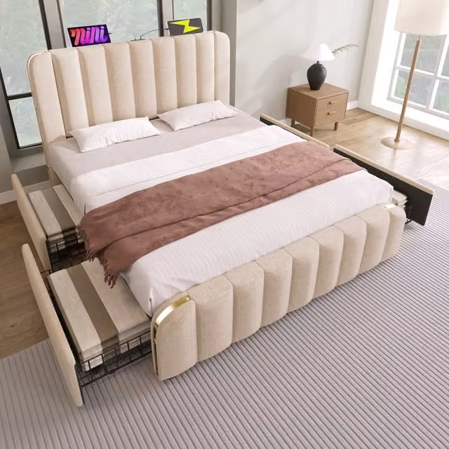 Letto matrimoniale imbottito 160 × 200 cm con materasso a molle insacchettate 7 zone beige con 4 cassetti