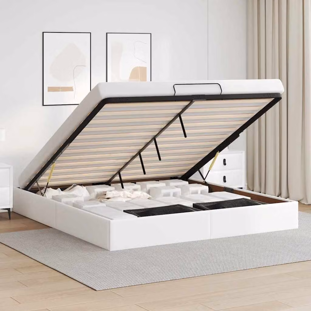 Struttura Letto con Contenitore a Sollevamento vidaXL in Similpelle Bianca, L/P/H: 200 x 200 x 28 cm