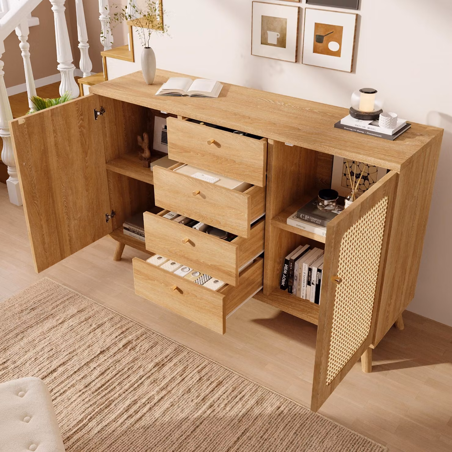 cassettiera okwish per corridoio con maniglie dorate, mobile laterale da soggiorno credenza con ripiani regolabili, mobile da ingresso con 4 cassetti, colore rovere chiaro