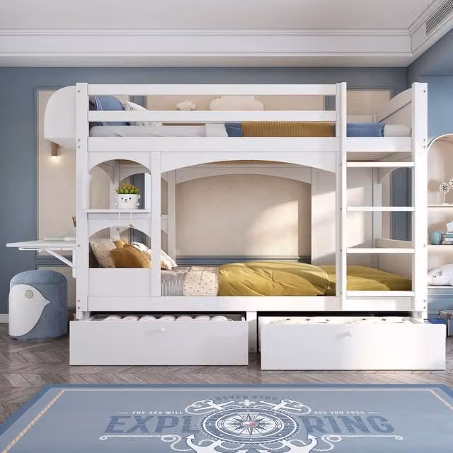 Letto a castello per bambini ¨C Minimal ¨C bianco legno massello 90x200 cm con scrivania scaffale cassetti