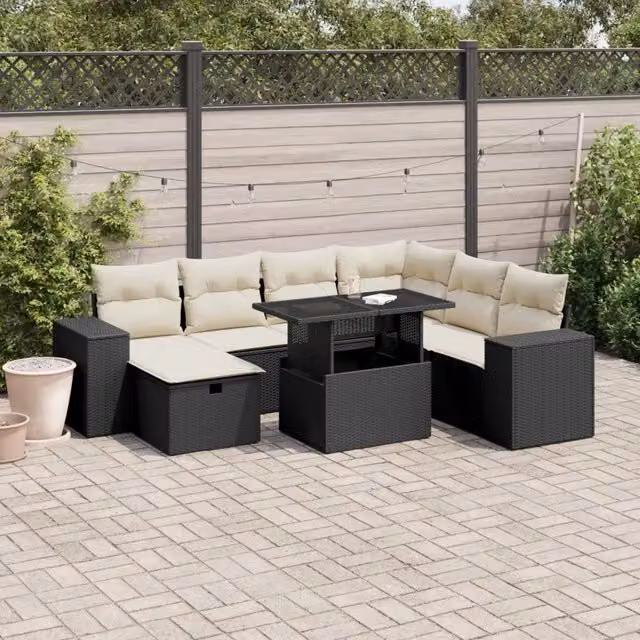 vidaXL Set di Divani da Giardino a L con Cuscini 8 pz in Polyrattan Nero e Bianco – 1