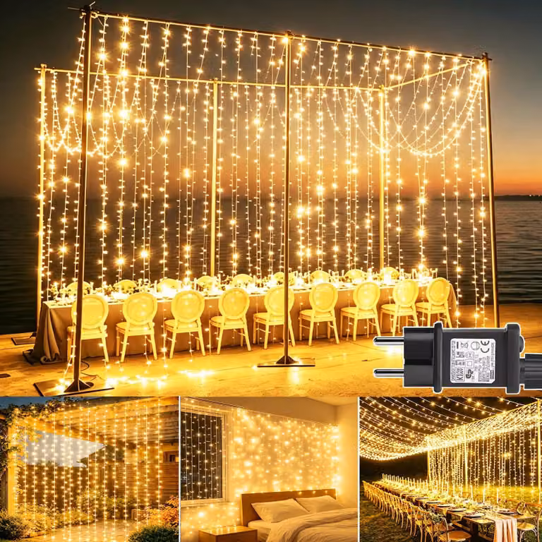 Tenda luminosa a LED, 3x3 metri, 300 LED bianco caldo, grado di protezione IP65, 8 modalità, timer