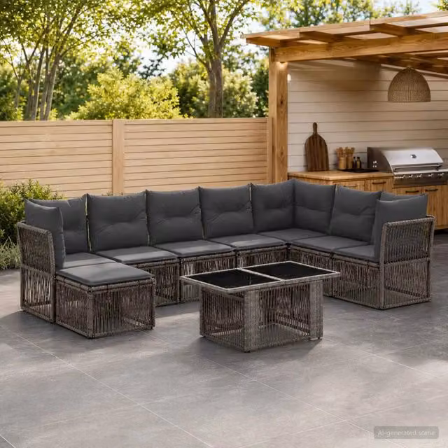 Set Divano da Giardino 9 pz Grigio polyrattan 3436514