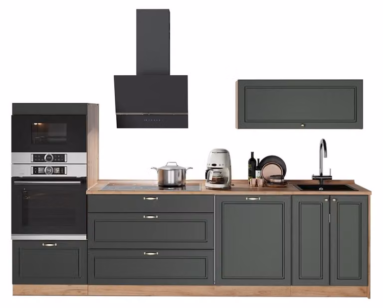 Cucina componibile Vicco Fame-Line Verde-oro rustico/Rovere dorato 280 cm, PL Marmo, Model 64692