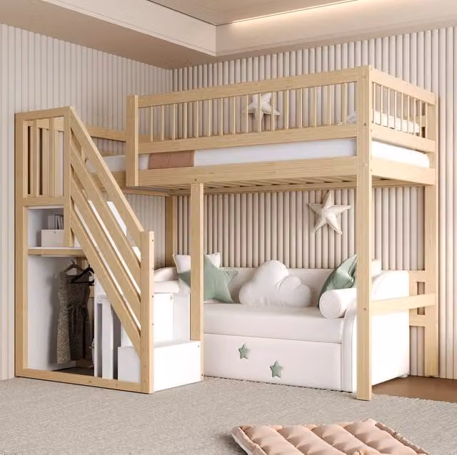 Letto singolo per bambini con scala contenitore; 90x200 cm; in legno naturale